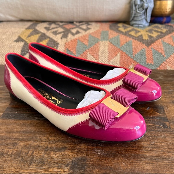 Salvatore Ferragamo Varina Bow Color Block Patent Leather Zigzag Flats 5.5B